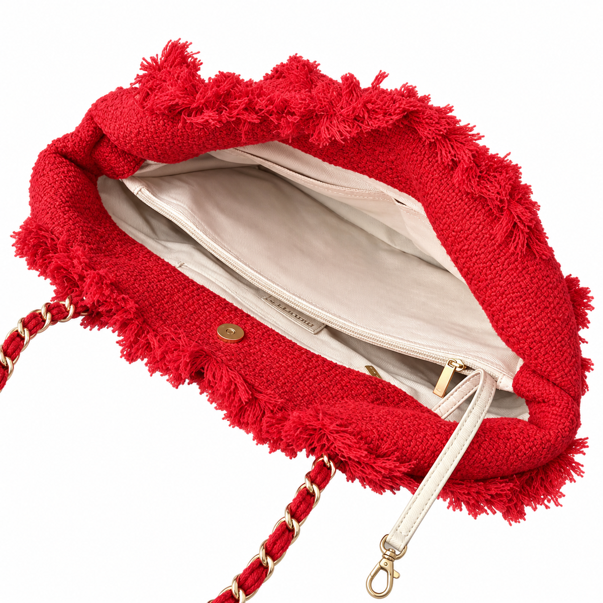 Chanel Large Quilted Fringe Tweed Tote Bag Red Gold 48cm