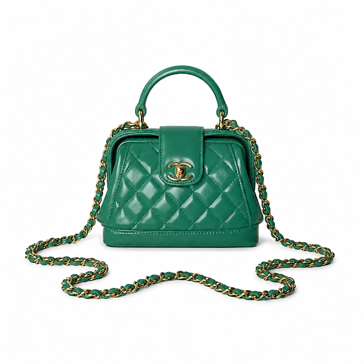 Chanel Mini Top Handle Box Bag | CC Turn-Lock Gold Chain Emerald Green — 9x13cm