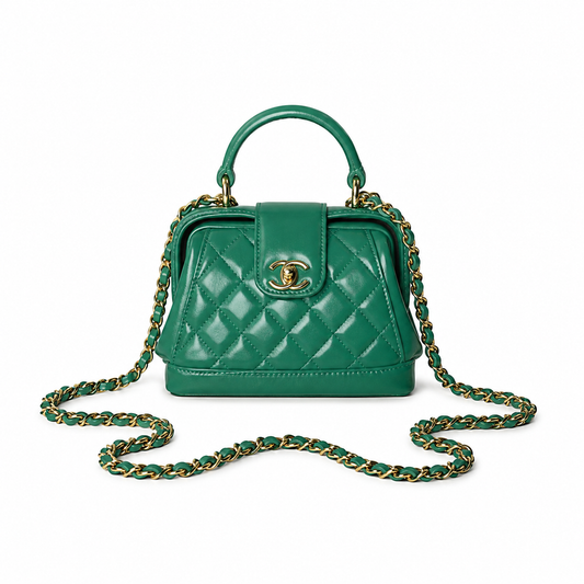 Chanel Mini Top Handle Box Bag | CC Turn-Lock Gold Chain Emerald Green — 9x13cm