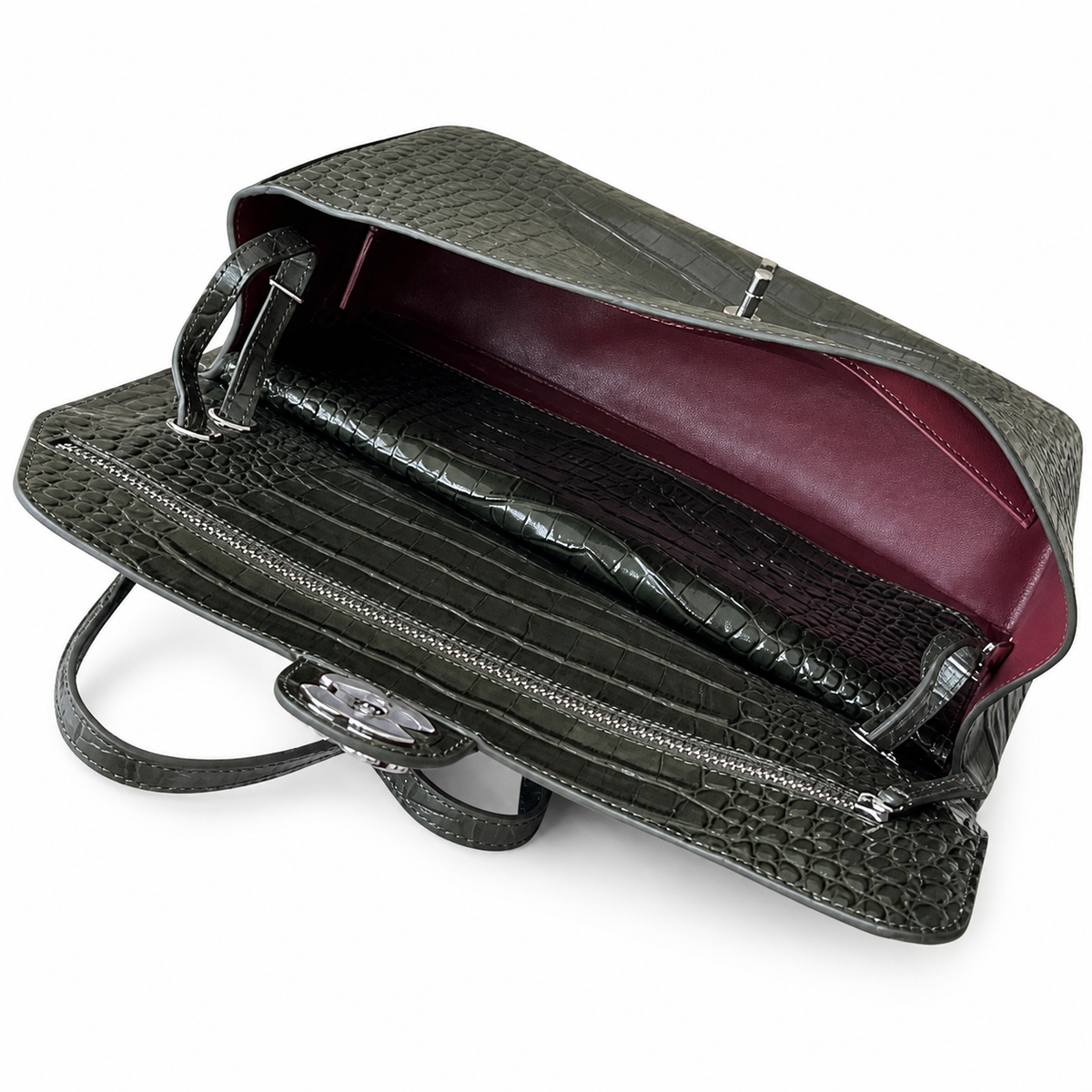 Chanel Business Affinity Bag Forest Green Crocodile-Embossed Leather | Ruthenium CC & Burgundy Interior — 32cm