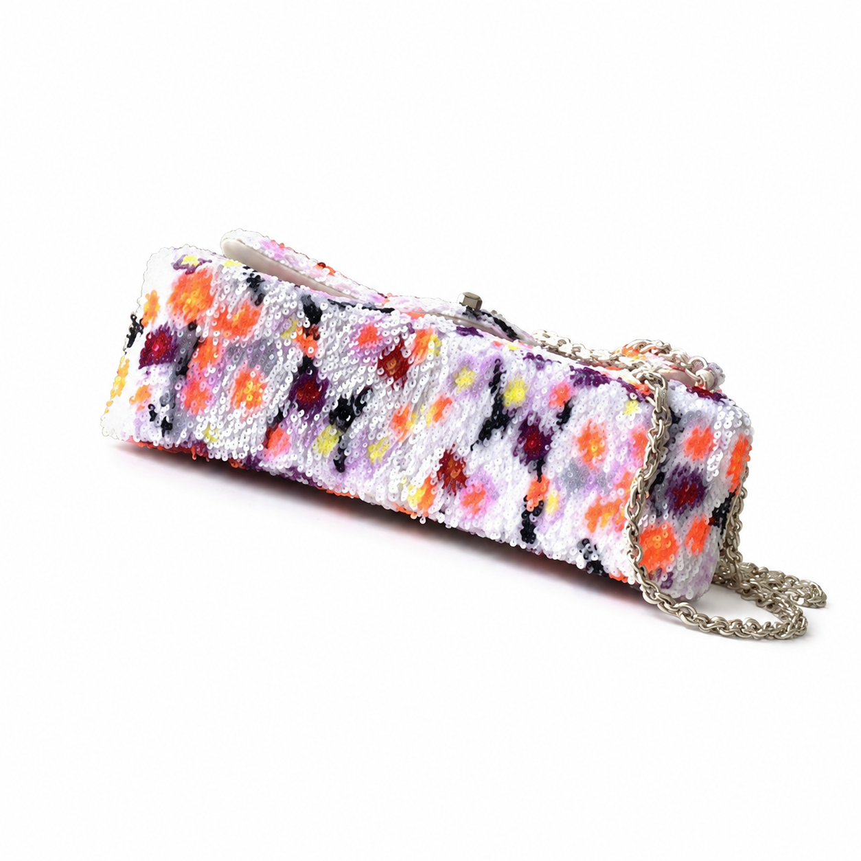 Chanel White Sequin Impressionist Floral Flap Bag | Coral, Pink & Lavender Clusters, Light Gold CC & White Leather Chain