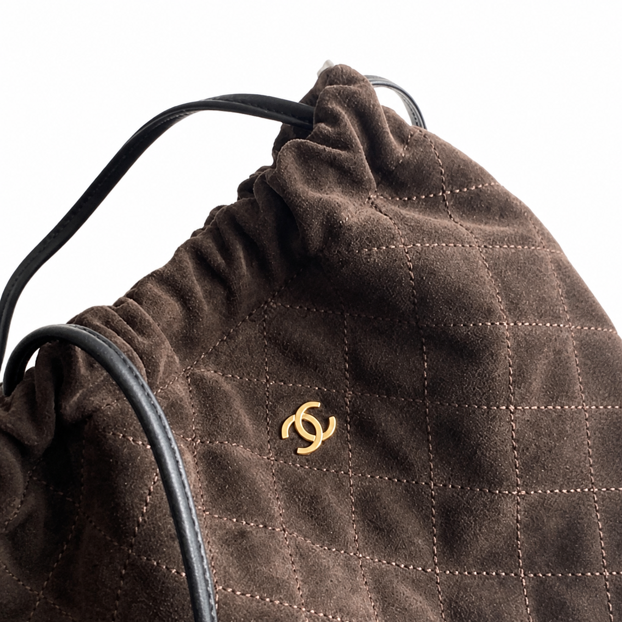 Chanel Chocolate Quilted Suede Drawstring Bucket | Black Cords & Bordeaux Interior — 22cm