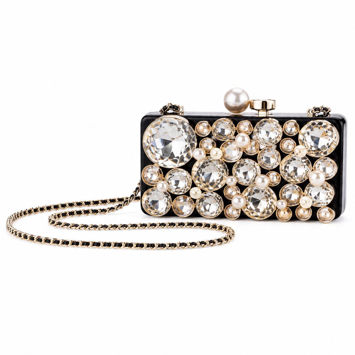 Chanel CC Crystal & Pearl Box Clutch | Black Lacquer & Gold Chain — 16cm