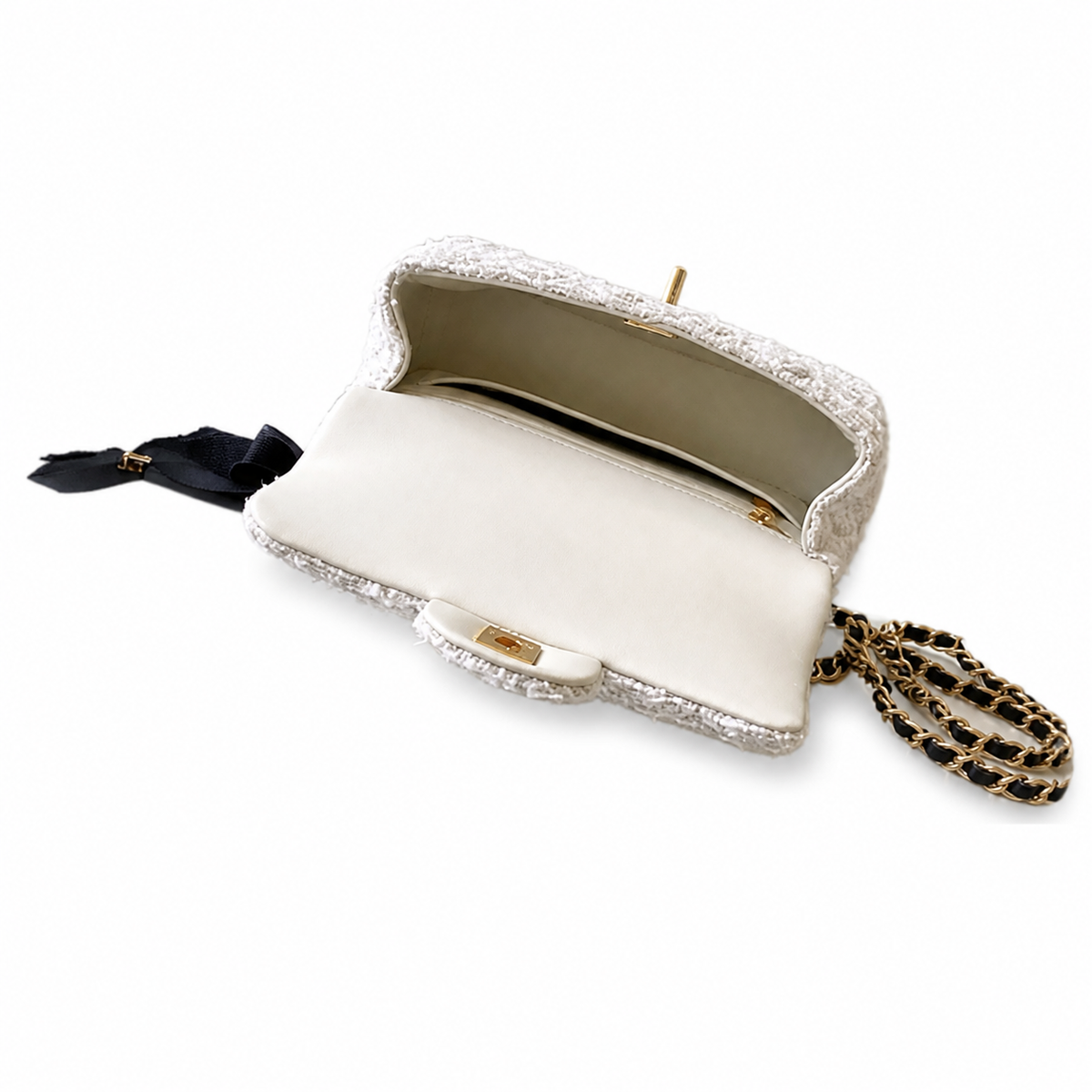 Chanel Quilted Flap Bag White Sparkle Tweed | Black Satin Bow & Gold Chain — 20cm