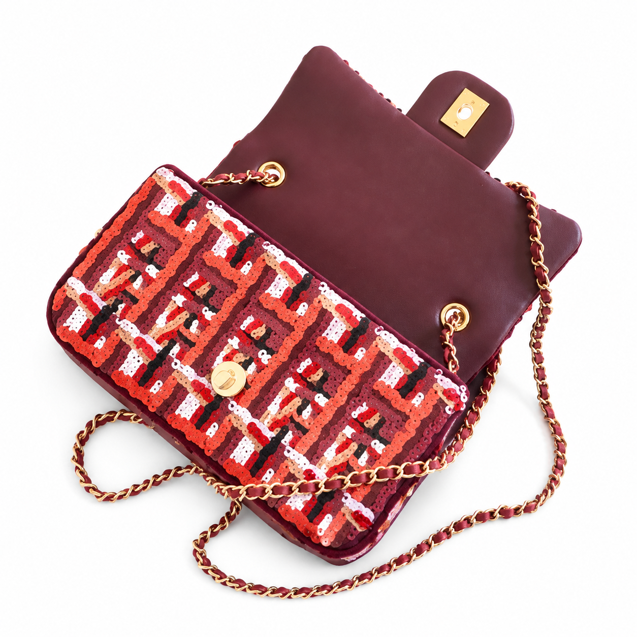 Chanel Red Tweed-Check Sequin & Burgundy Leather Flap Bag | Two-State Design, Gold CC & Full Burgundy Interior