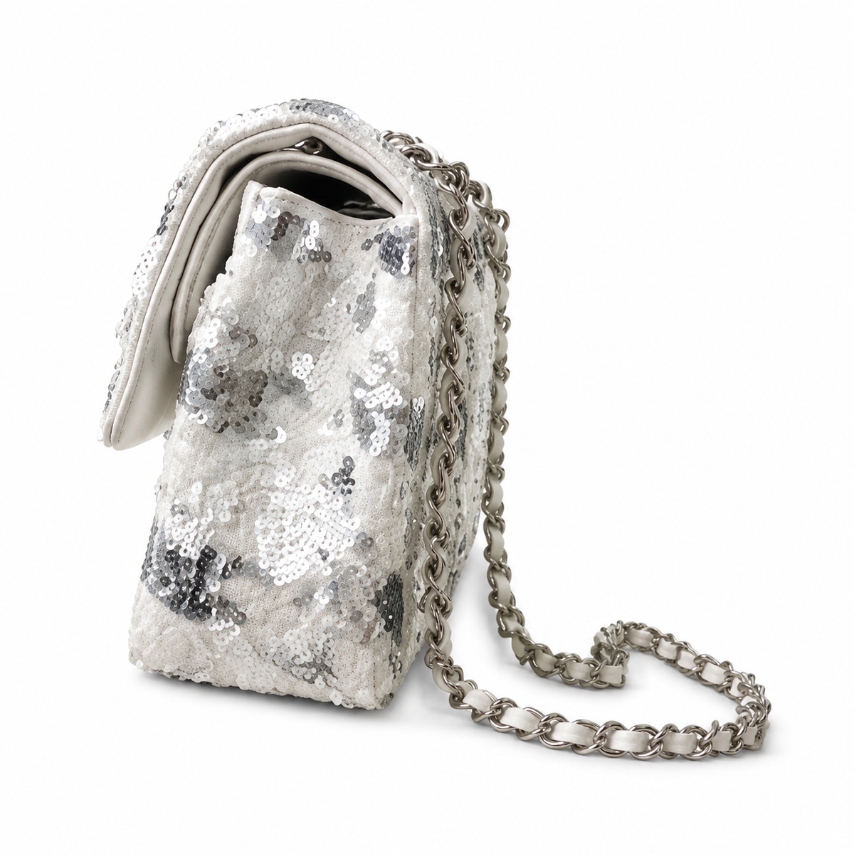 Chanel White & Silver Sequin Leopard Classic Flap Bag