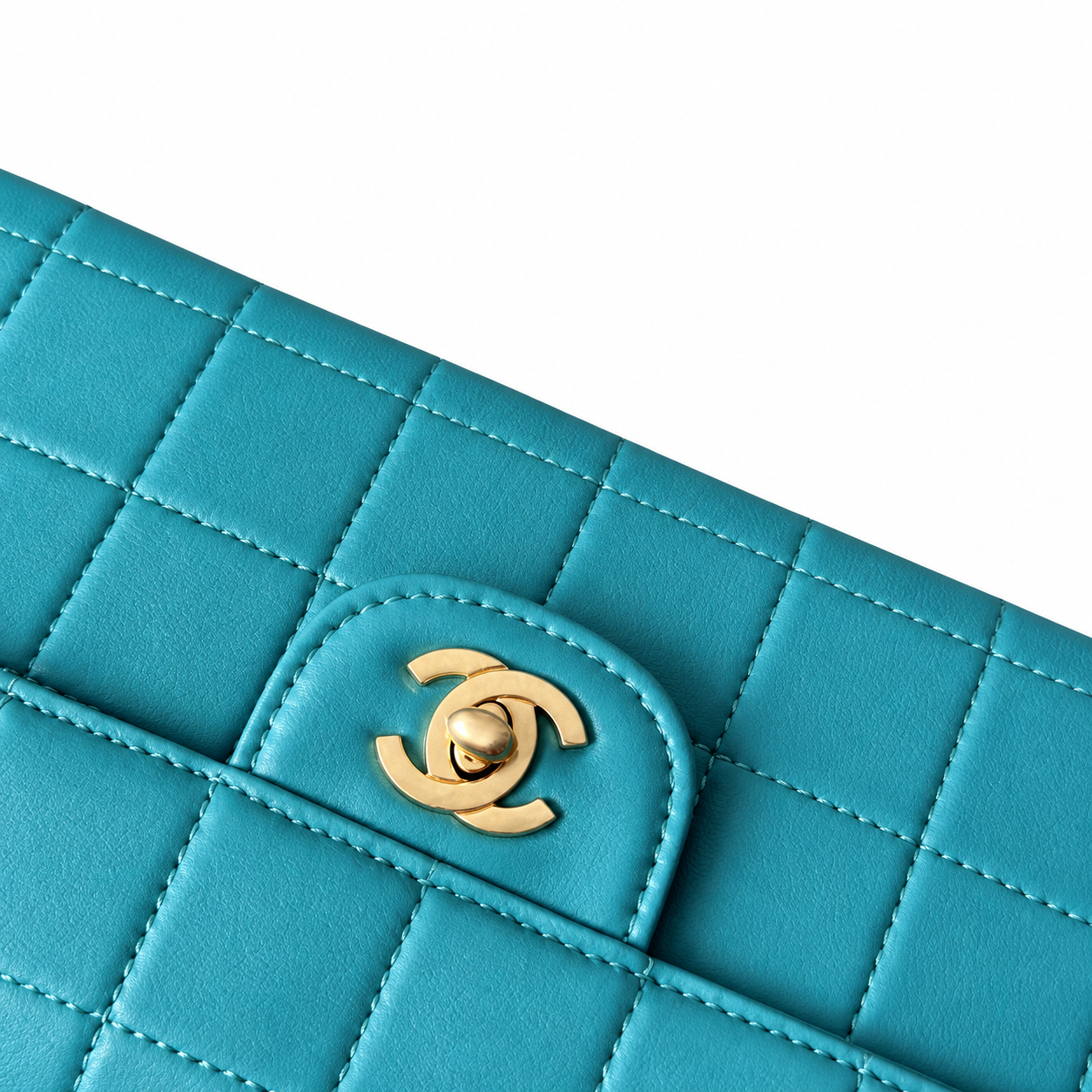 Chanel Square Quilted Lambskin East West Flap Bag Teal Gold 26cm