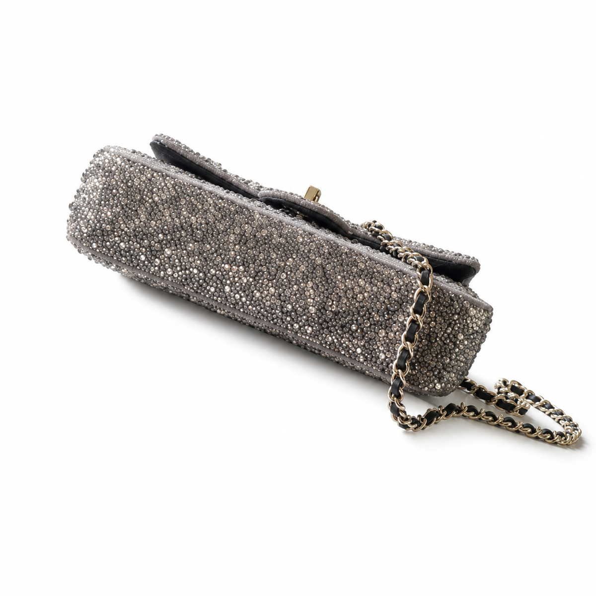 Chanel Grey Suede Monochrome Rhinestone Flap Bag | Silver-Grey Crystal Base, Black Hematite Scatter & Square CC Turn-Lock