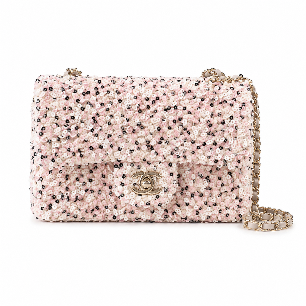 Chanel Floral Sequin Flap Bag | CC Turn-Lock Gold Chain Pink — 20cm