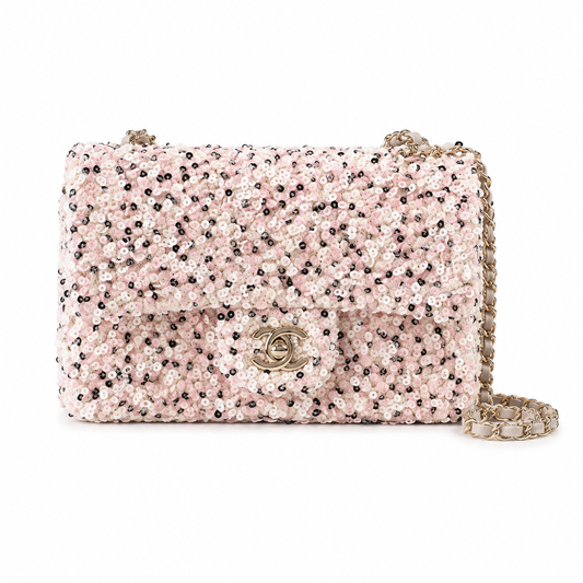 Chanel Floral Sequin Flap Bag | CC Turn-Lock Gold Chain Pink — 20cm