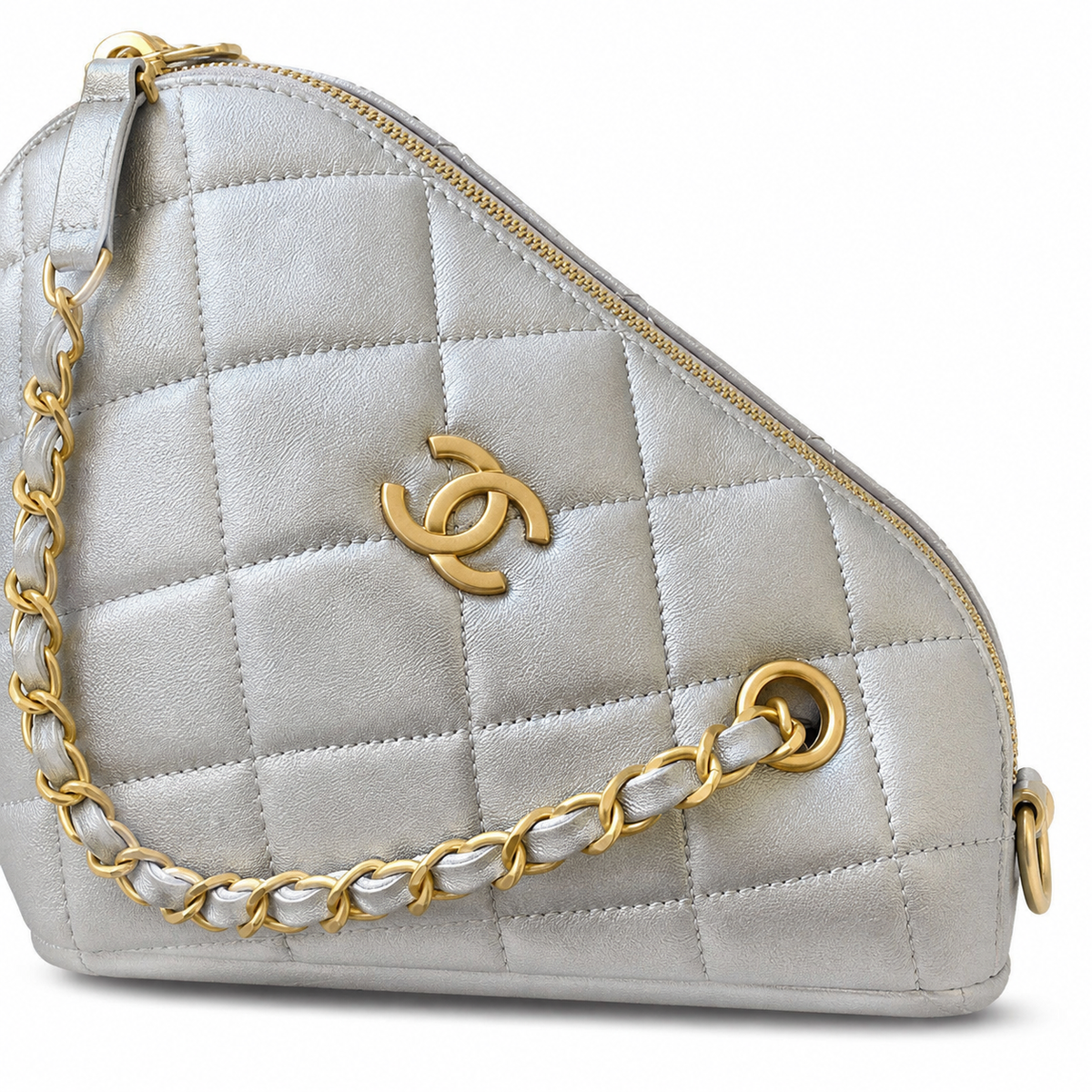 Chanel Metallic Silver Crinkled Leather Quilted Camera Bag | Gold CC, Mixed-Metal Chain & Side Pockets