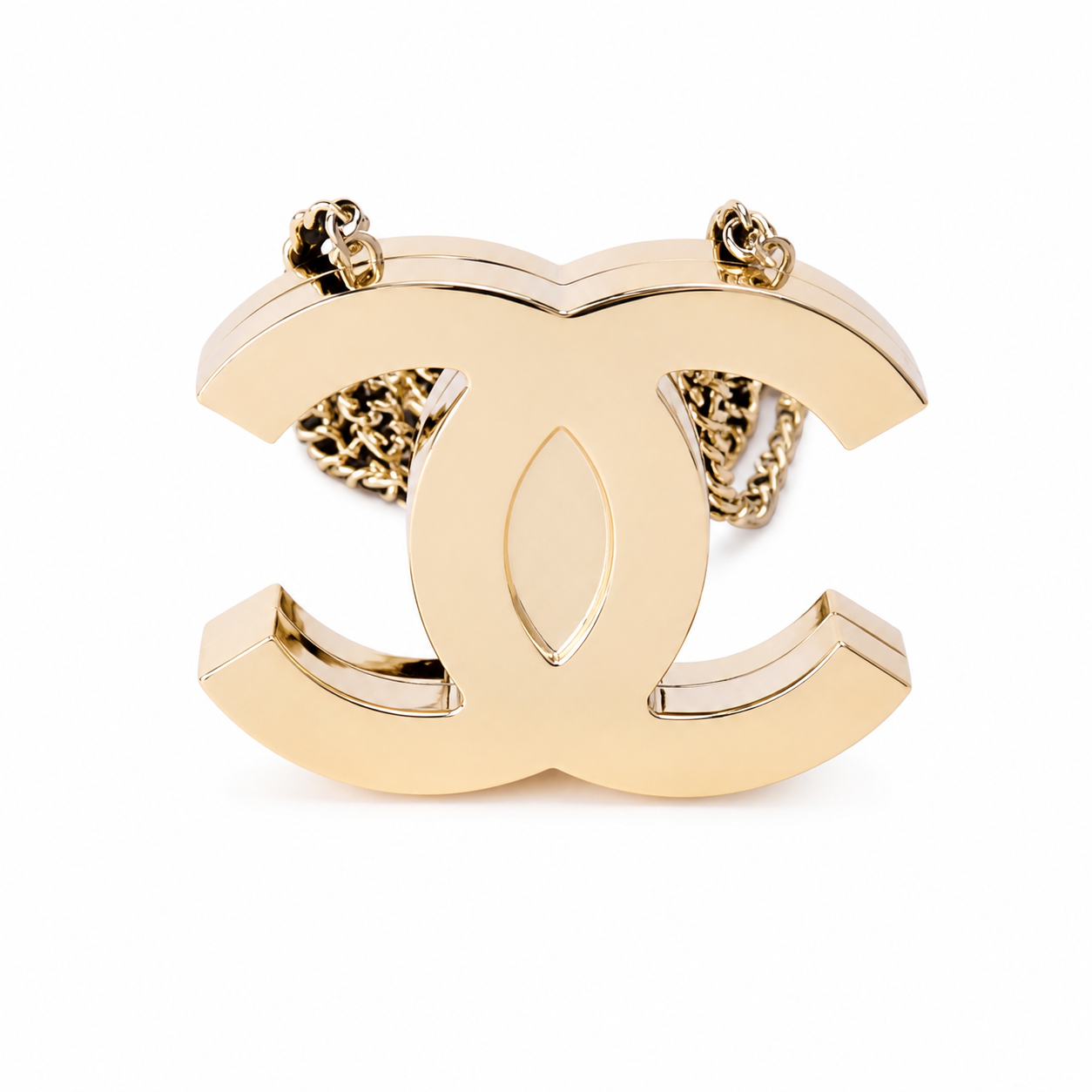 Chanel CC Logo Hard Shell Minaudiere | Gold Mirror & Chain — 10cm