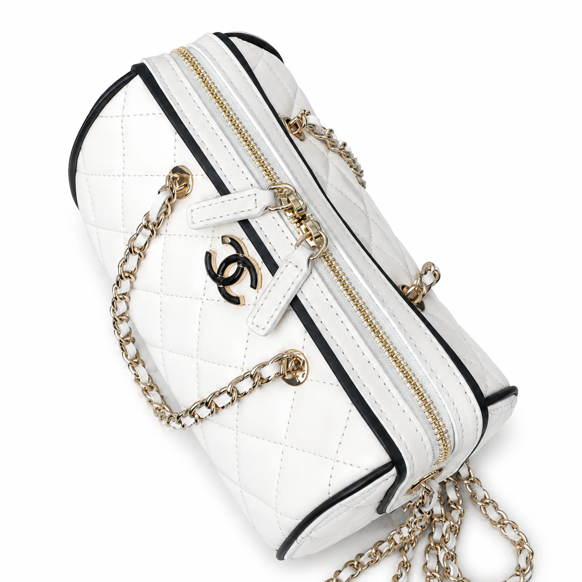 Chanel Quilted Barrel Bag | CC Logo Gold Chain White Black — 11.5x18.5cm