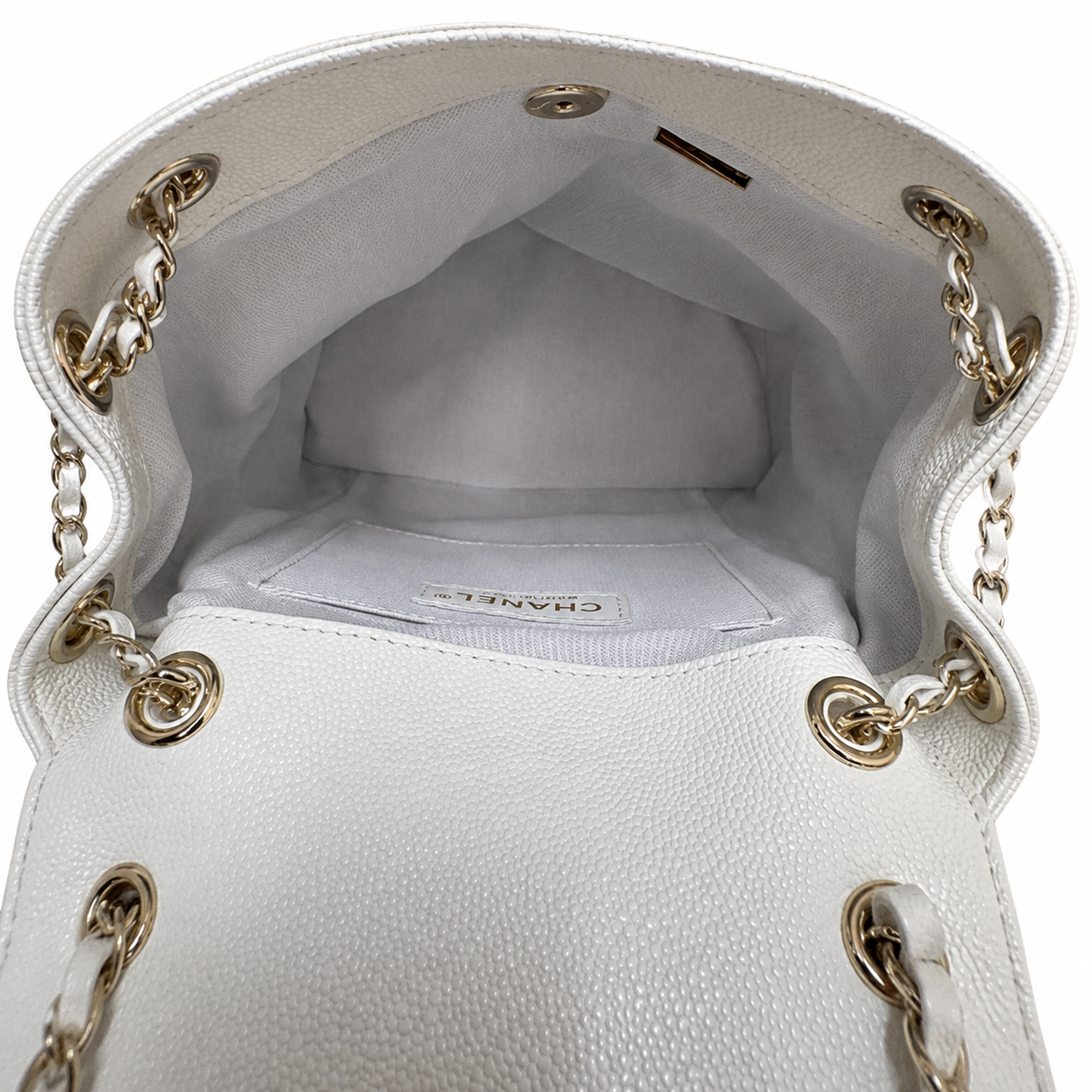 Chanel Caviar Quilted Backpack | Gold Chain CHANEL Tag White — 20.5x20cm