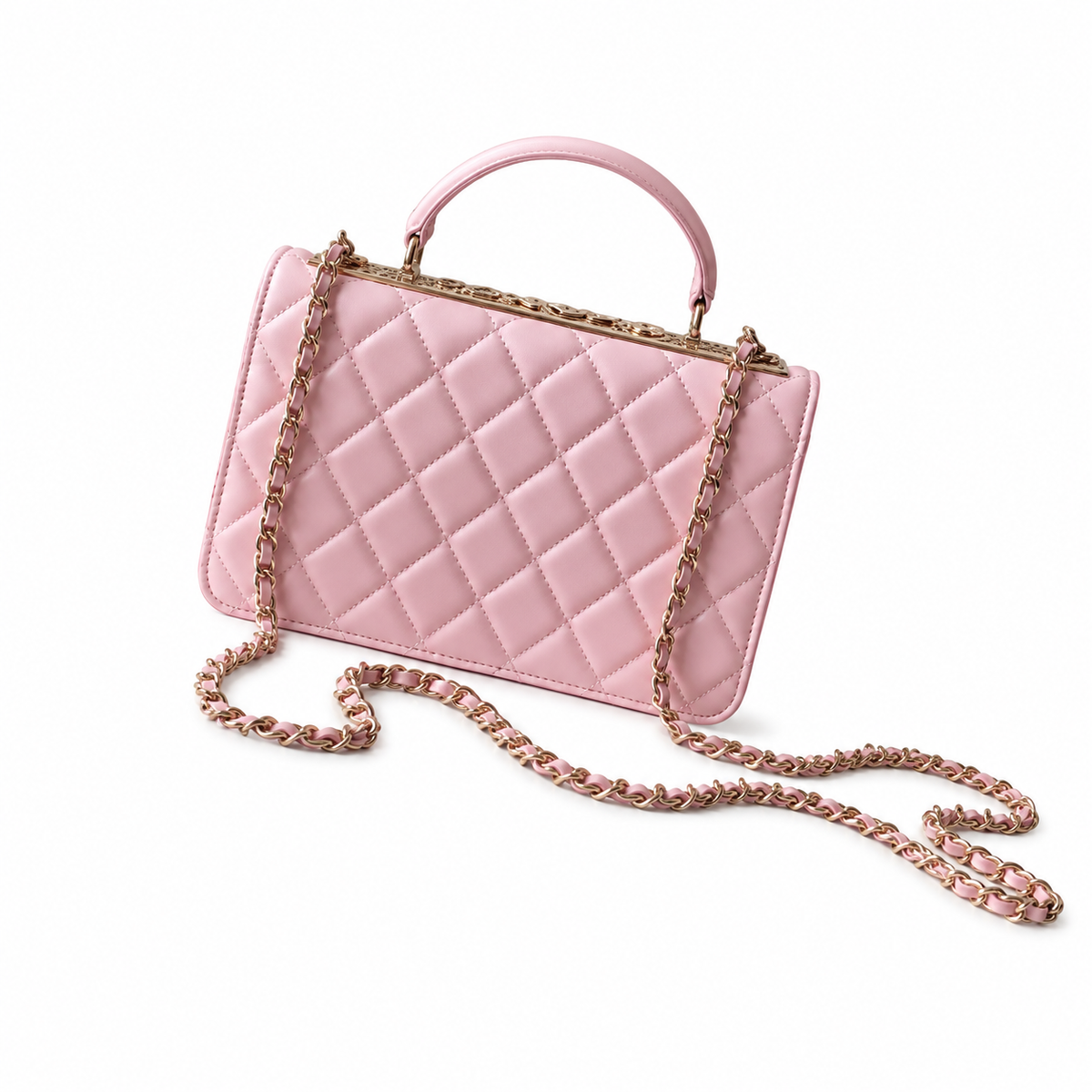 Chanel Sakura Pink Quilted Flap Bag | Crystal Pavé CHANEL Letter Frame Bar, Cylindrical Top Handle & Satin Interior