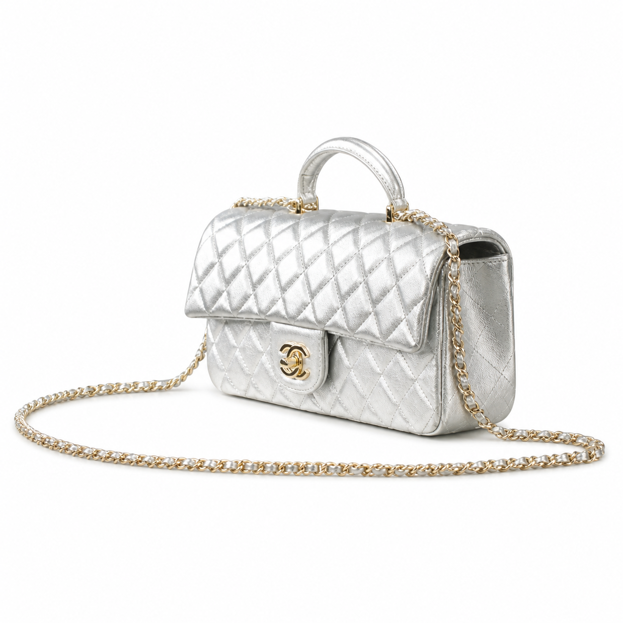 Chanel Mirror Silver Quilted Classic Flap | Top Handle & Back Exterior Pocket — 25cm