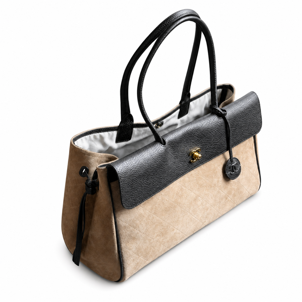 Chanel Medium Executive Tote Beige Quilted Suede & Charcoal Leather | Gold CC Turn-Lock — 38cm