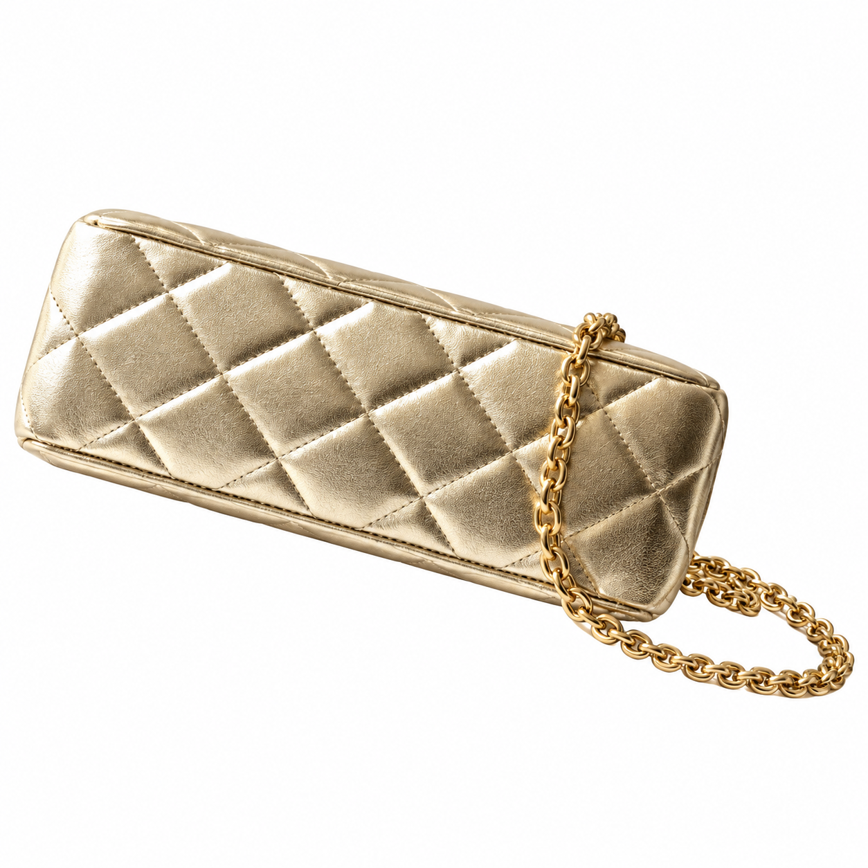 Chanel Quilted Metallic Elongated Flap Bag Gold 10×20×7cm