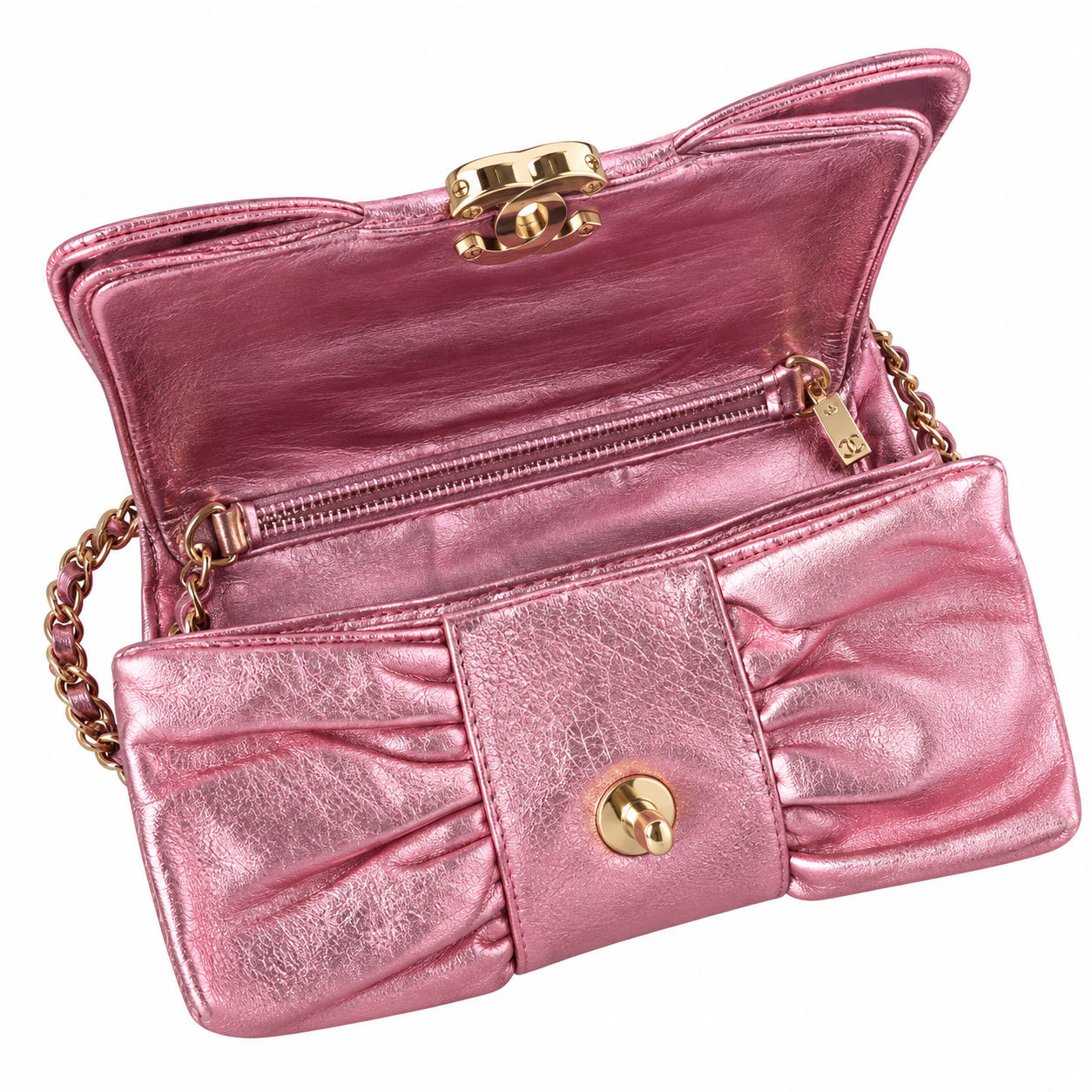Chanel Ruched Metallic Crinkled Calfskin CC Flap Bag Rose Pink 22cm
