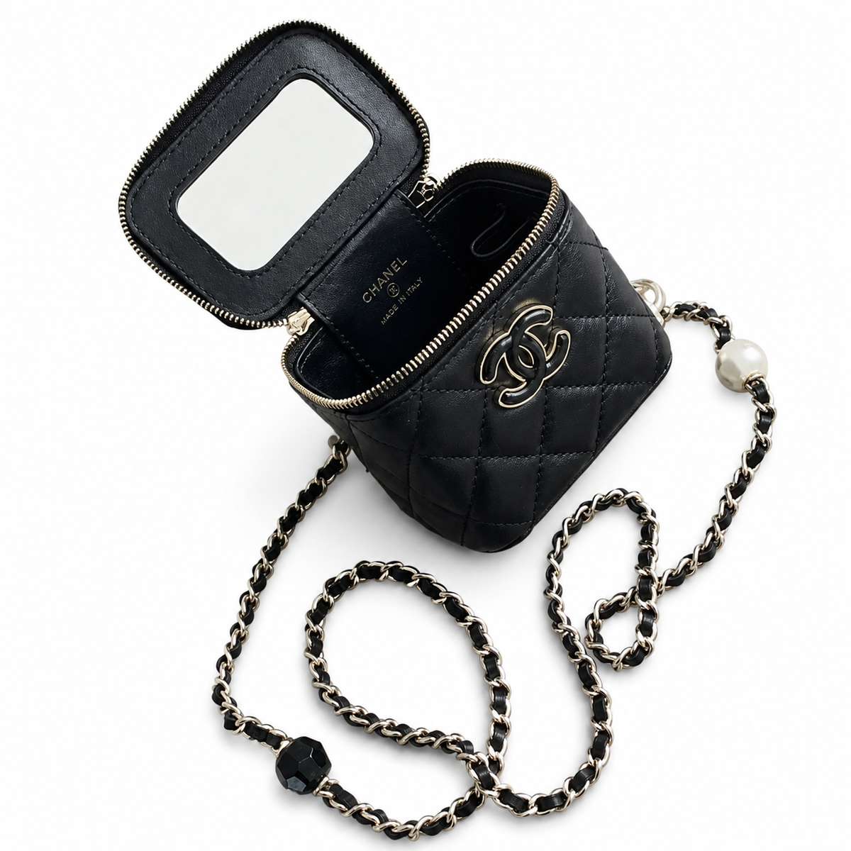 Chanel Quilted Vanity Case | Mirror Pearl Crystal Chain Silver CC Black — 11x8.5cm