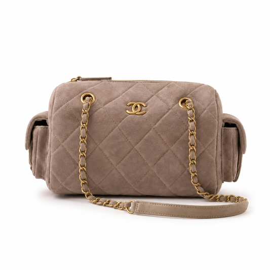 Chanel Warm Taupe Suede Quilted Camera Bag | Full-Length Gold Zipper, Dual Side Pockets & Double Chain