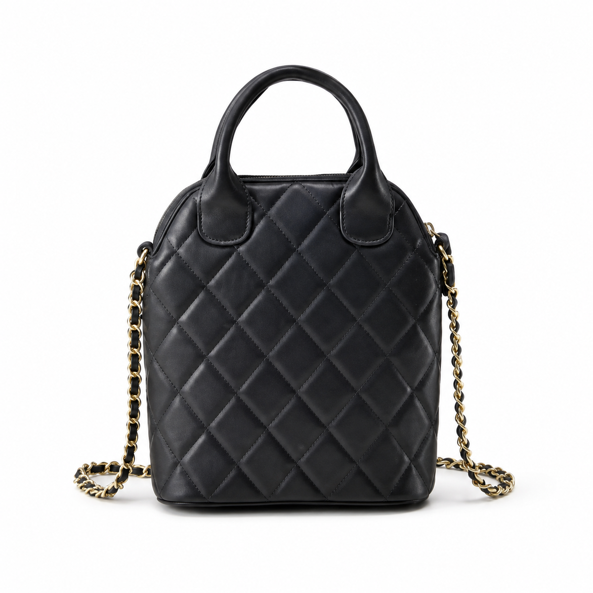 Chanel Black Quilted Lambskin Mini Bucket Bag | D-Ring Top Handle, Bare Gold Chain & Oval Quilted Base