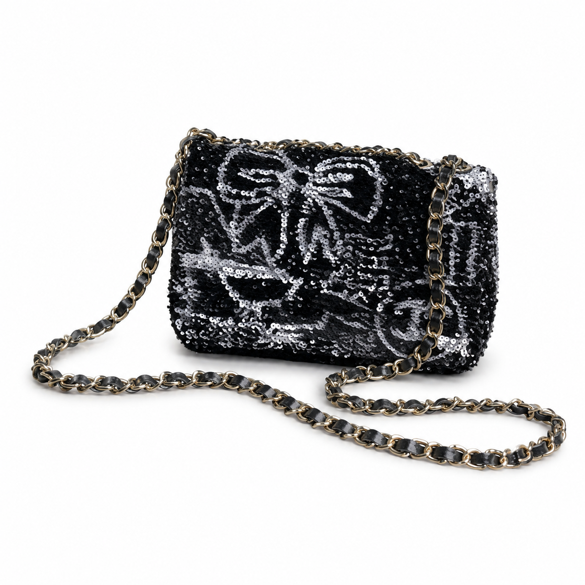 Chanel Black & Silver Sequin Hand-Drawn Flap Bag | Bow, Botanical Scrolls & Gestural Fills, Antique Gold CC