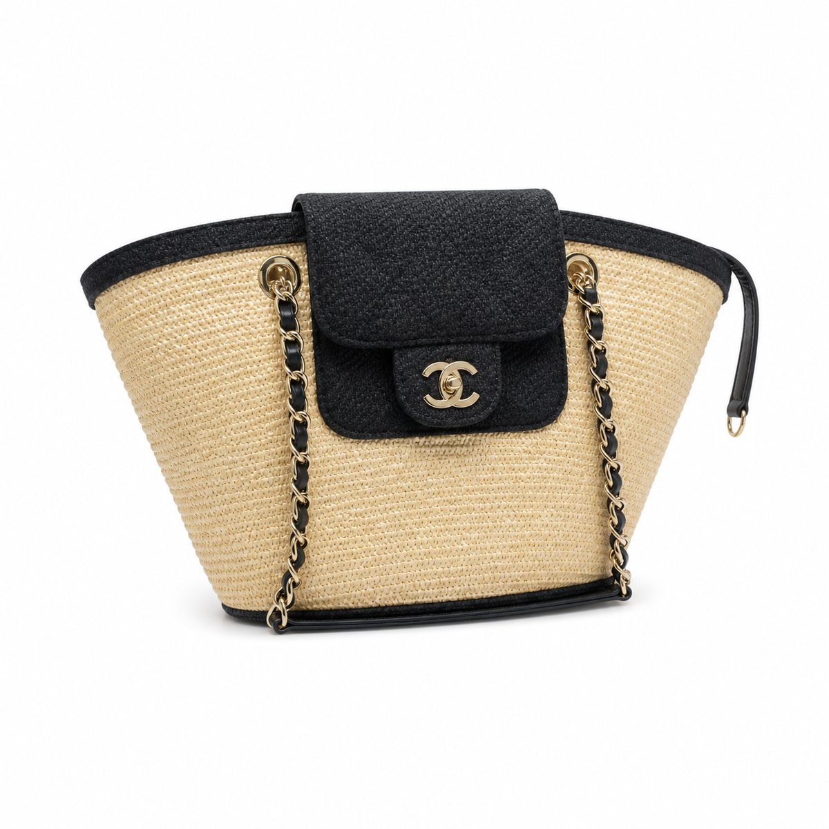 Chanel Small Basket Bag Natural Raffia & Black Grosgrain | Gold CC Turn-Lock & Side Zip — 41cm