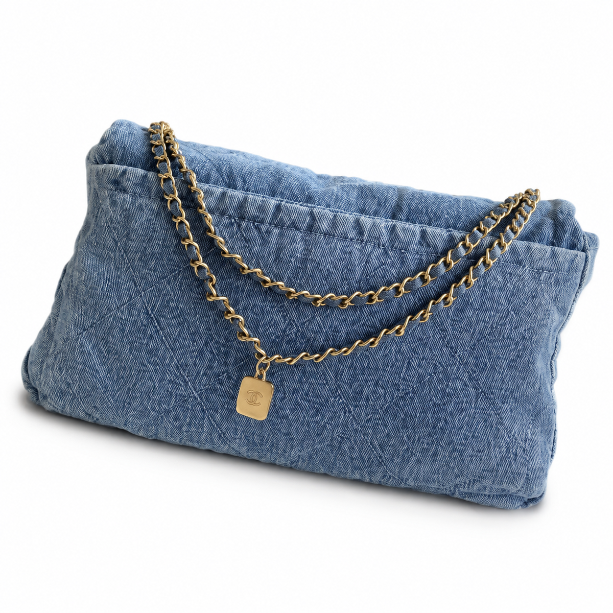 Chanel Denim Soft Hobo Tote | CC Charm Gold Double Chain Light Blue — 35x24cm