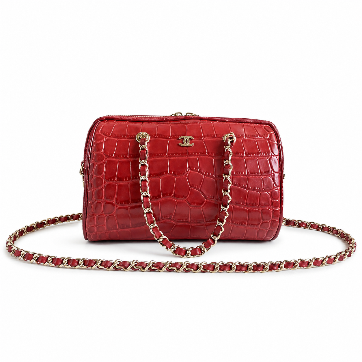 Chanel Cherry Red Croc-Embossed Bowling Bag | Gold CC Badge & Tonal Red Chain