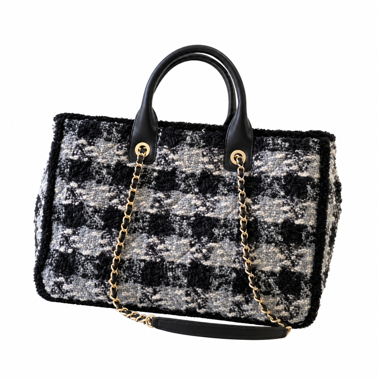 Chanel Deauville Large Tweed Tote Black White 27.5×39.5×16cm