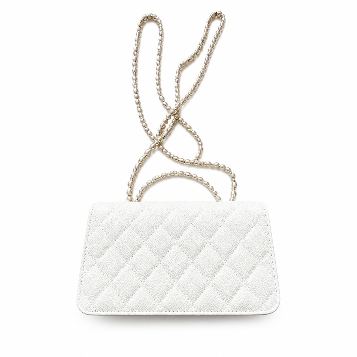 Chanel Wallet on Chain WOC White Caviar | Light Gold CC Clasp & Silver Chain — 19cm