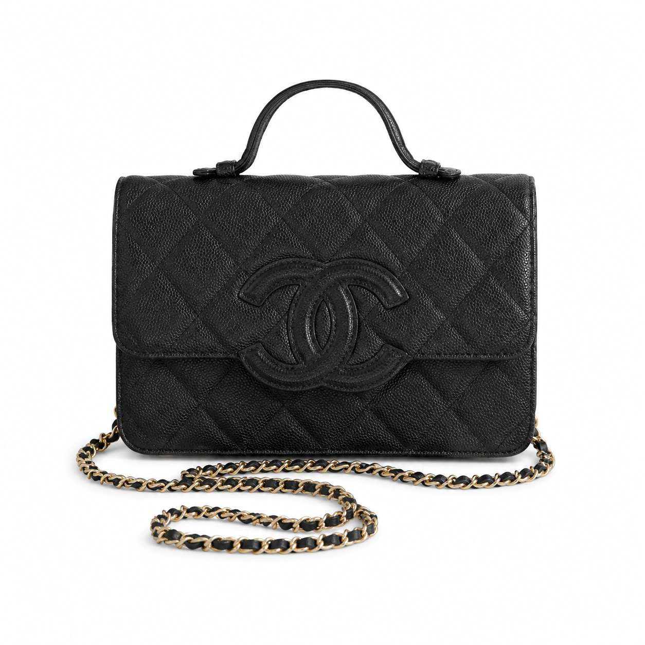 Chanel Black Aged Caviar Quilted Flap Bag | Oversized CC Logo, Top Handle & Gold Chain