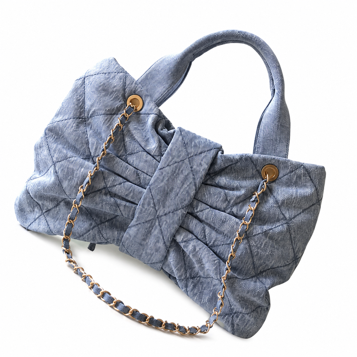 Chanel Denim Quilted Large Shopping Tote | Gold Chain Blue — 29x38cm