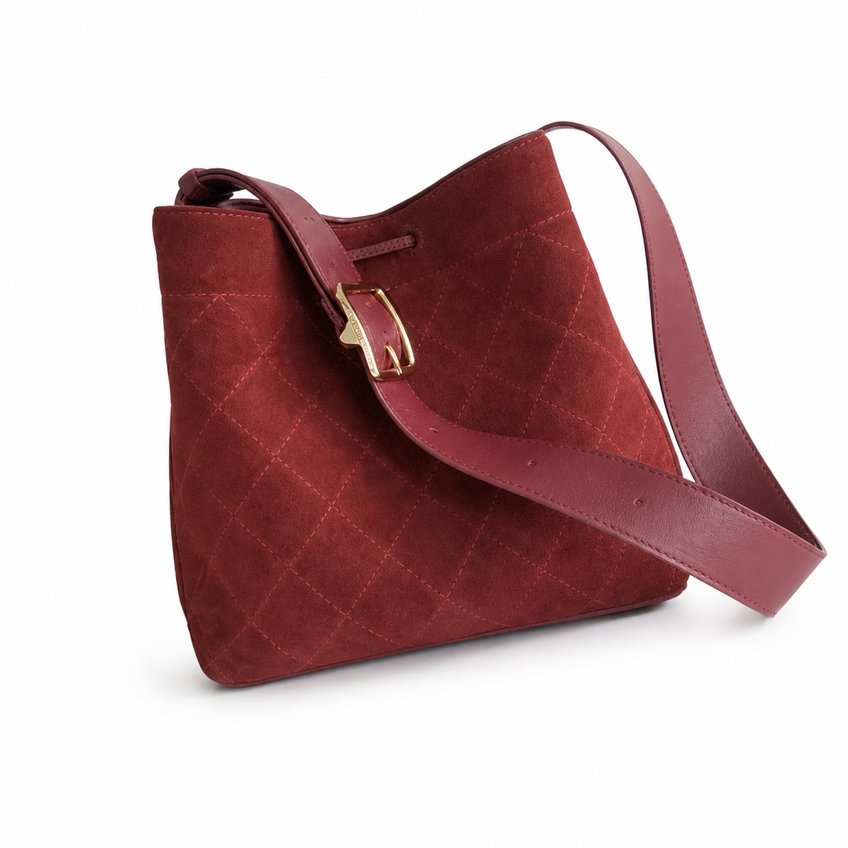 Chanel Bucket Bag Deep Burgundy Quilted Suede | Smooth Leather Strap & Gold Buckle — 23cm