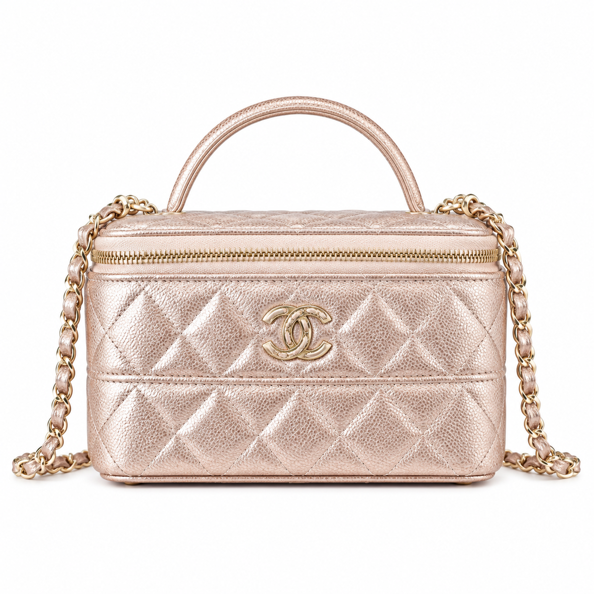 Chanel Quilted Metallic Caviar Vanity Case Rose Gold 17cm