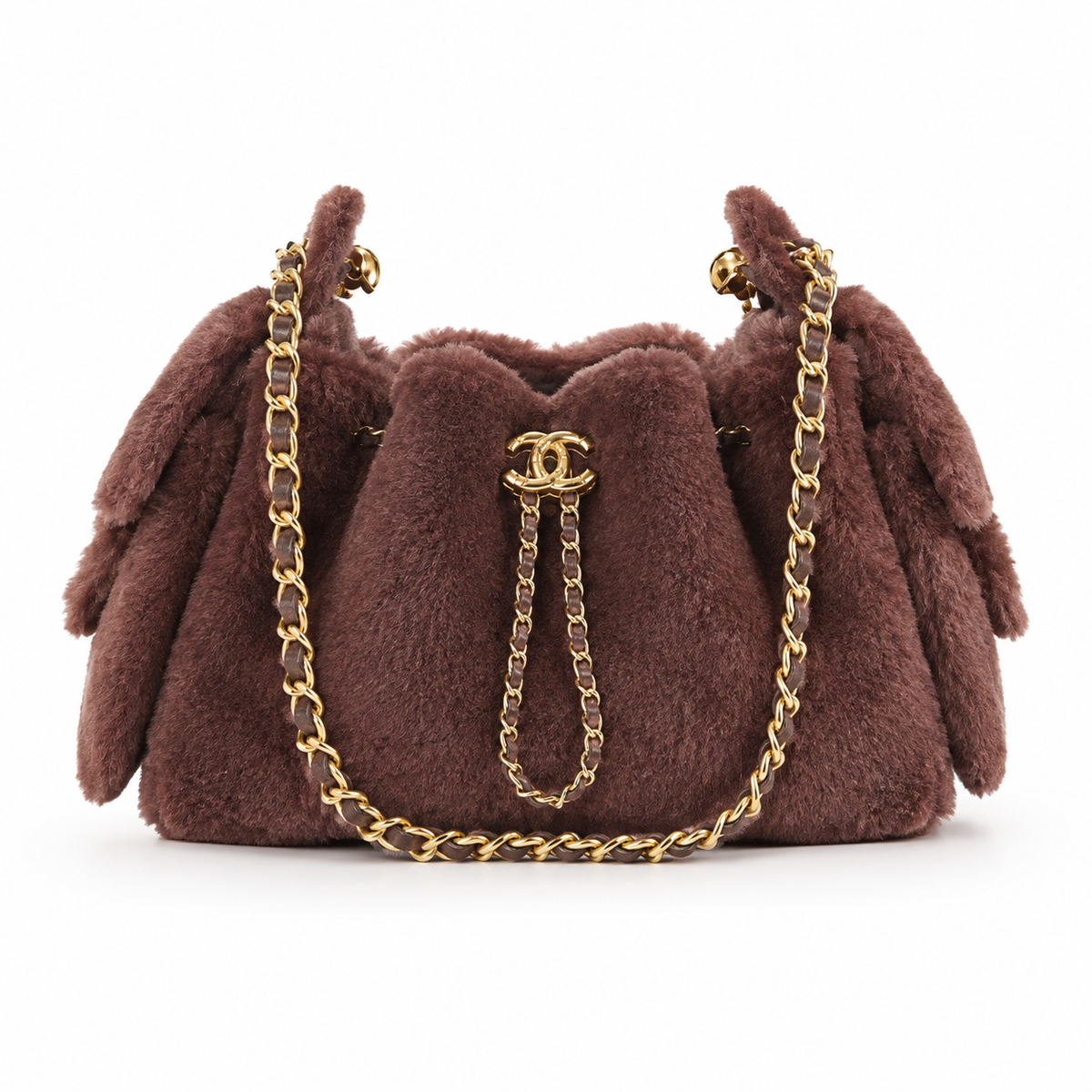 Chanel Chocolate Brown Shearling Shoulder Bag | Gold CC Turn-Lock & Leather-Woven Chain
