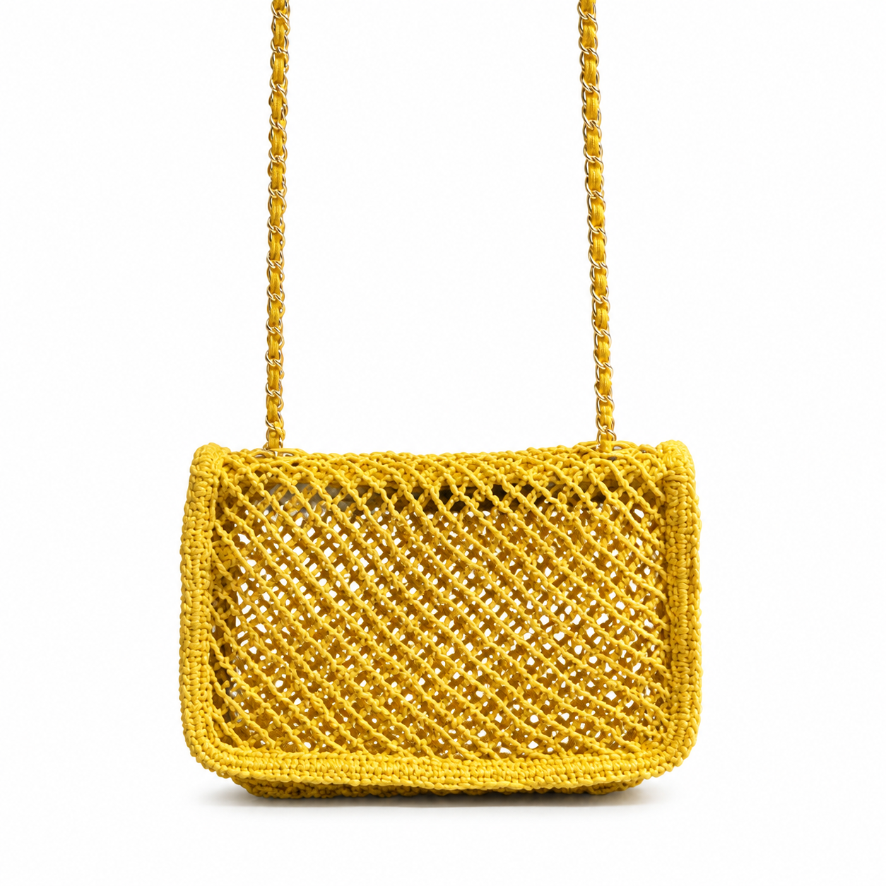 Chanel Sunshine Yellow Open-Weave Crochet Classic Double Flap | Gold CC — 21cm