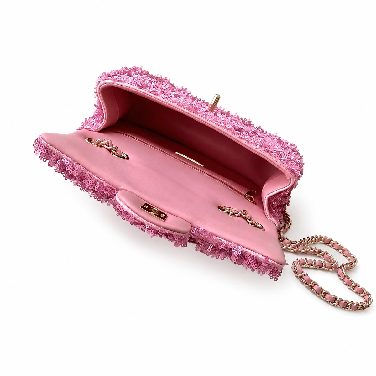 Chanel Pink Ring-Sequin & Leather Flap Bag | CHANEL PARIS Exterior Plaque, Rose Gold Chain & Full Pink Tonal System