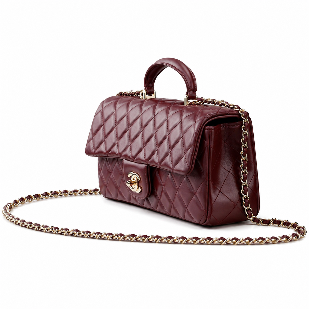 Chanel Oxblood Large Diamond-Quilted Lambskin Flap Bag | Top Handle & Tonal Chain