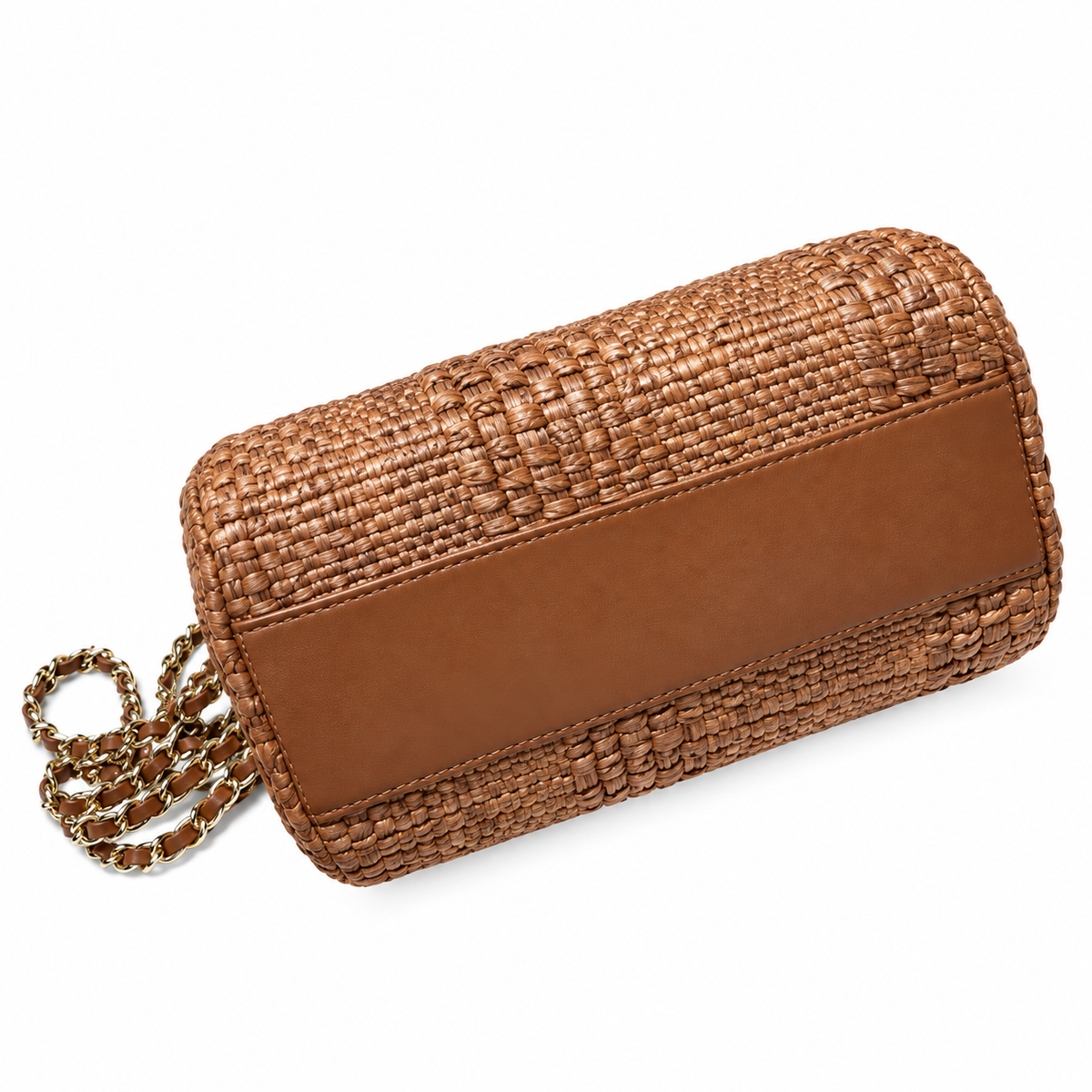 Chanel Raffia Barrel Bag Woven Caramel Gold Chain Extra-Long Strap 18.5cm