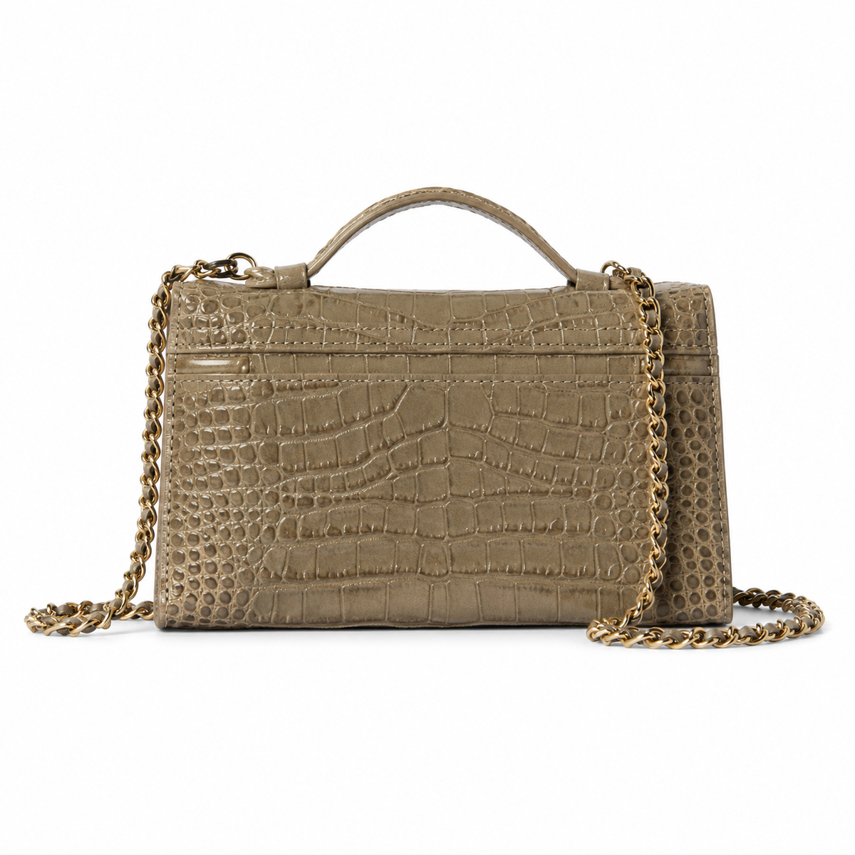 Chanel Taupe Croc-Embossed Structured Box Bag | Full-Width Front Zip & Antique Gold Chain