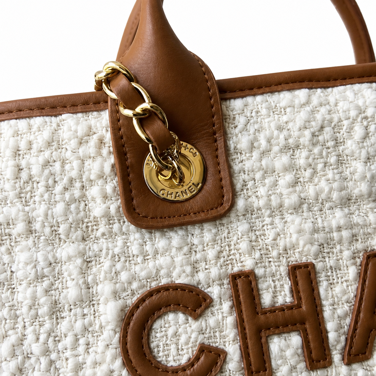 Chanel Deauville Tote Ivory Bouclé | Tan Leather CHANEL CC PARIS Appliqué & Gold Coin — 33cm