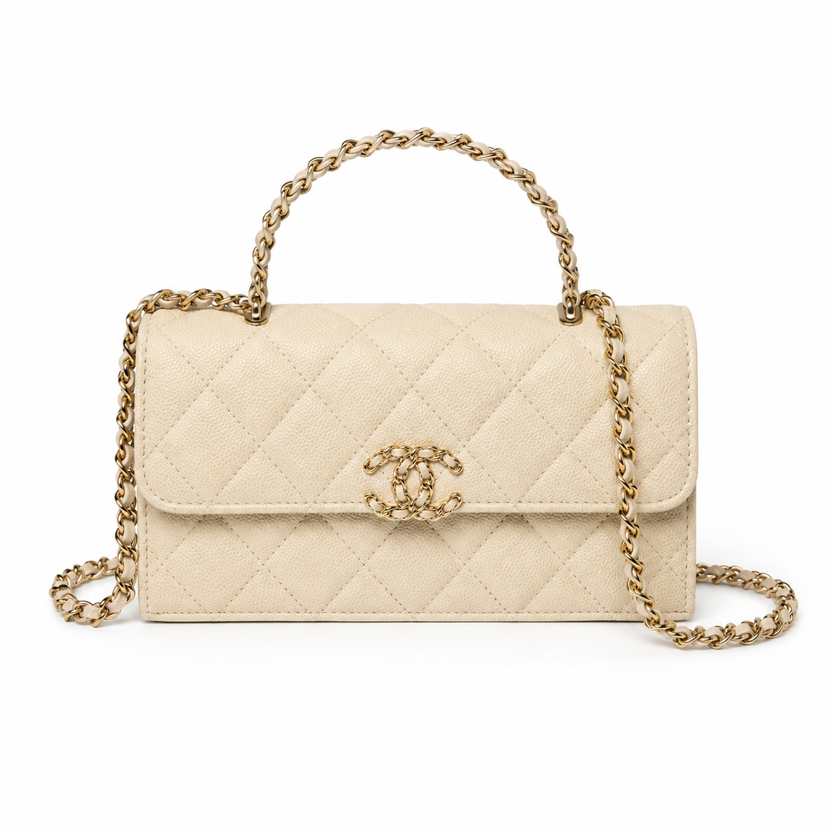Chanel Ivory Cream Fine-Grain Quilted Mini Top Handle Flap Bag | Gold Chain-Texture CC Turn-Lock & Tonal Ivory Chain