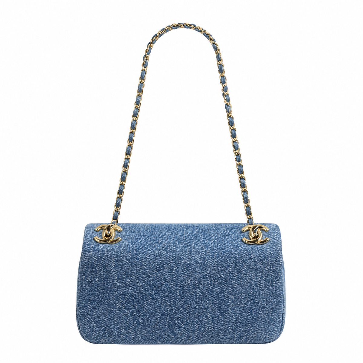 Chanel Medium Blue Denim Single Flap | Denim-Interwoven Gold Chain & CC Clips — 22cm