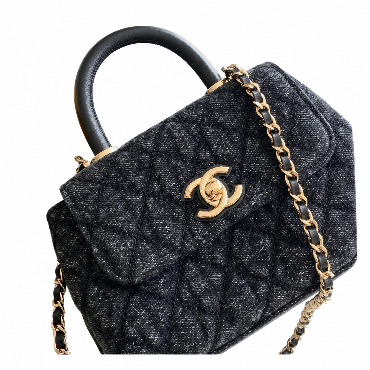 Chanel Coco Handle Quilted Denim Mini Flap | Charcoal & Gold CC — 11cm