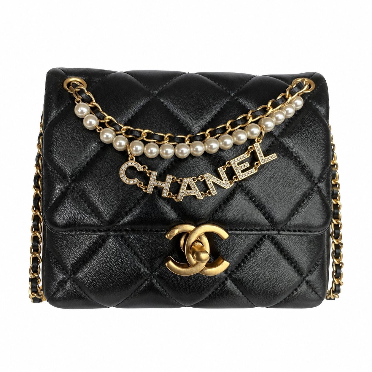 Chanel Quilted Flap Bag | Pearl Chain Crystal Letter Charm Gold CC Black — 23x15cm