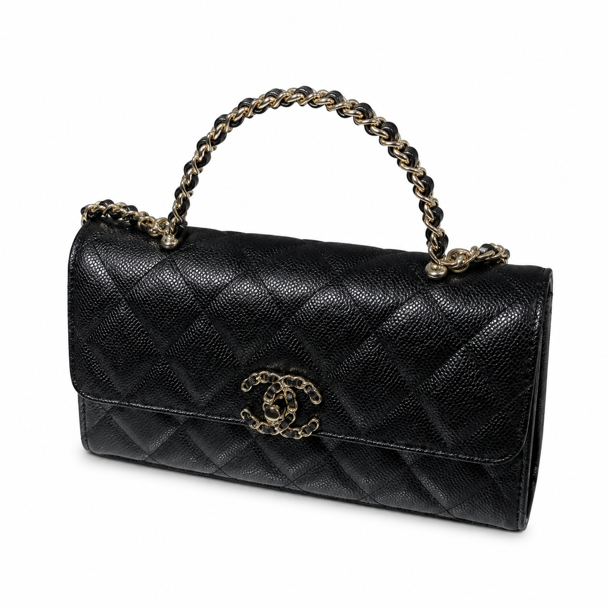 Chanel Black Caviar Quilted Mini Top Handle Flap Bag | Gold Chain-Texture CC Turn-Lock, Ball Connectors & Quilted Interior Pocket