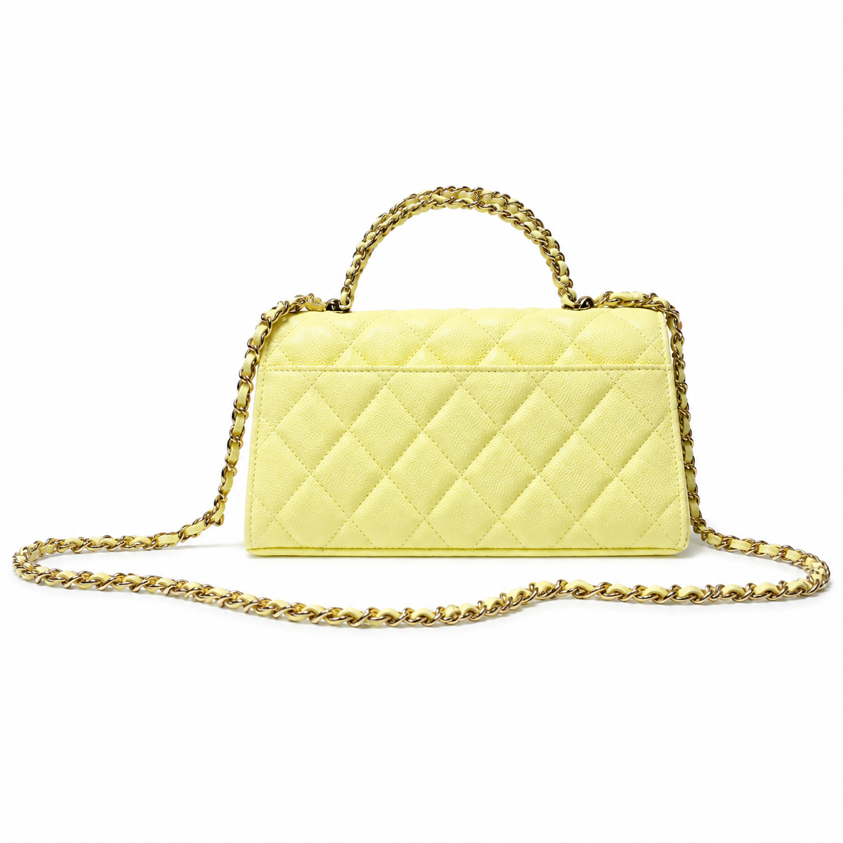 Chanel Lemon Yellow Smooth Lambskin Quilted Mini Top Handle Flap Bag | Gold CC Turn-Lock, Tonal Chain & Quilted Interior Pocket