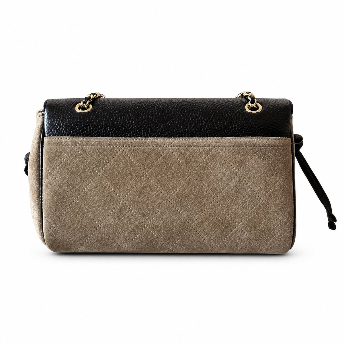 Chanel Two-Tone Drawstring Flap Black Caviar & Taupe Suede | Gold CC Turn-Lock — 29cm
